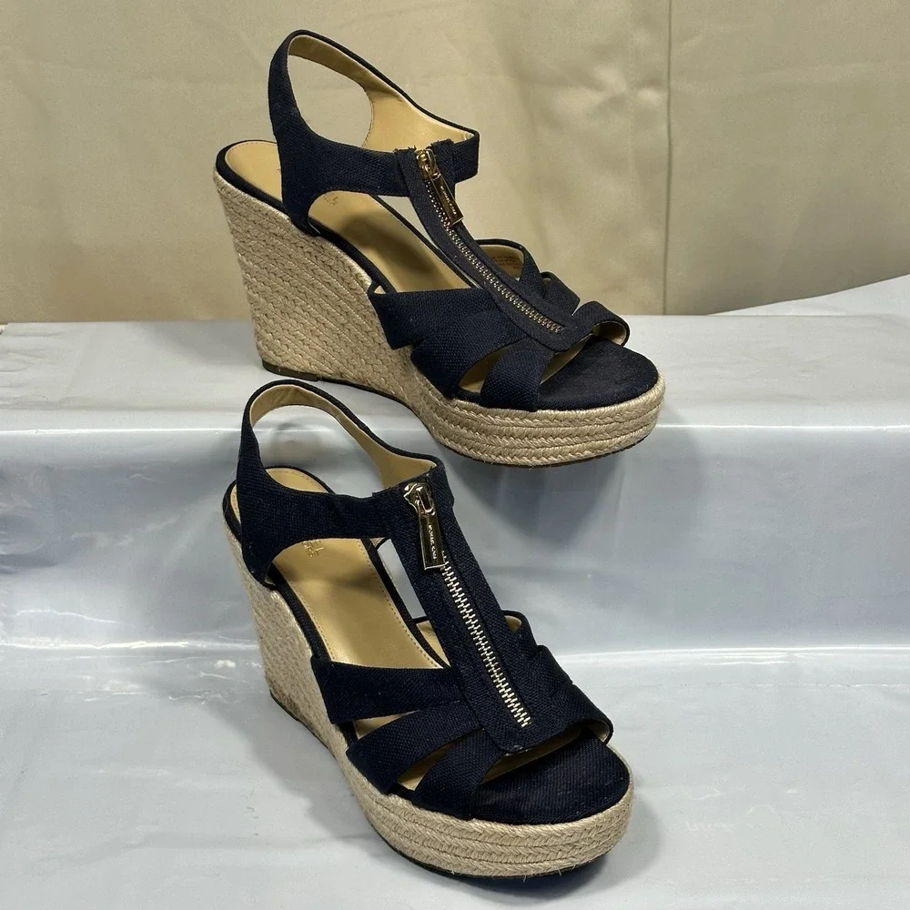 Michael MICHAEL KORS Berkley Wedge Platform Sandal Navy Canvas Zip US 10M